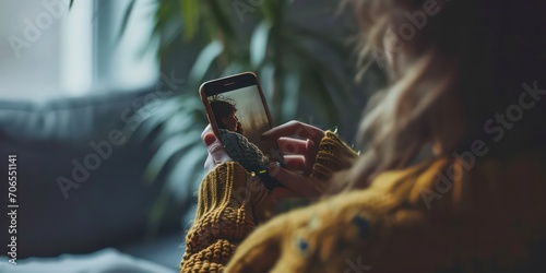 A hand holding a mobile phone, displaying a picture of a son on the screen, set against a simple background.