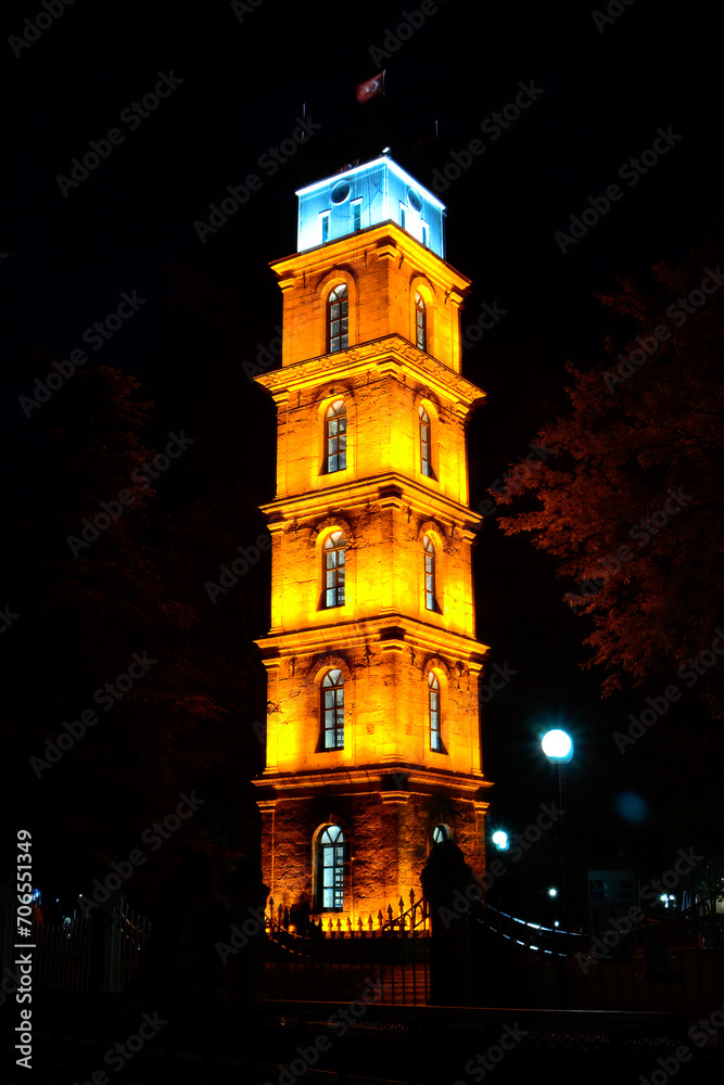 night view of the clock tower in Tophane, Bursa 