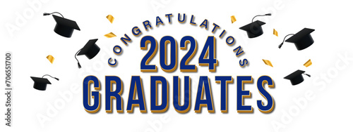 2024 Congratulations Graduates in Blue and Gold. Confetti and Thrown Graduation Caps Surround Text. Graduation Banner Design
