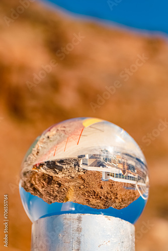 Crystal ball alpine summer landscape shot at Wildspitzbahn cable car, Pitztal Glacier, Imst, Tyrol, Austria photo