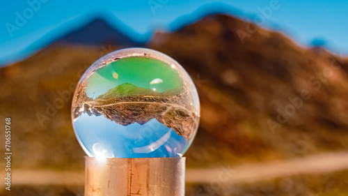 Crystal ball alpine summer landscape shot at Wildspitzbahn cable car, Pitztal Glacier, Imst, Tyrol, Austria photo