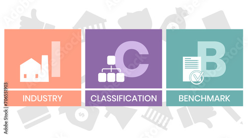ICB - Industry Classification Benchmark acronym. business concept background. vector illustration concept with keywords and icons. lettering illustration with icons for web banner, flyer
