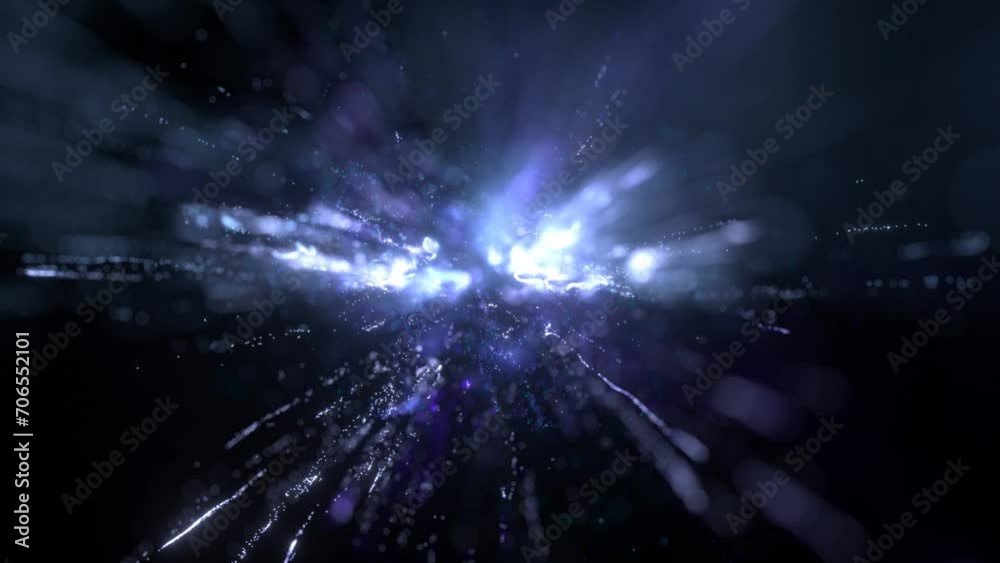 3d render of abstract art video animation with surreal splash explosion fireworks based on small glowing sparkling particles in white and blue color on black background with depth of field effect