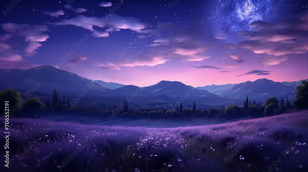 Moonlit Lavender Field and Starry Sky - AI Generated Moonlit Lavender Field and Starry Sky - AI Generated