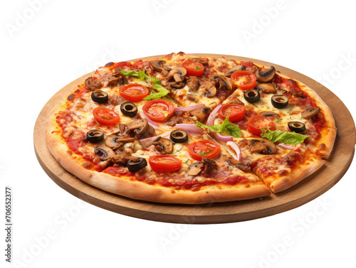 a pizza with tomatoes and olives
