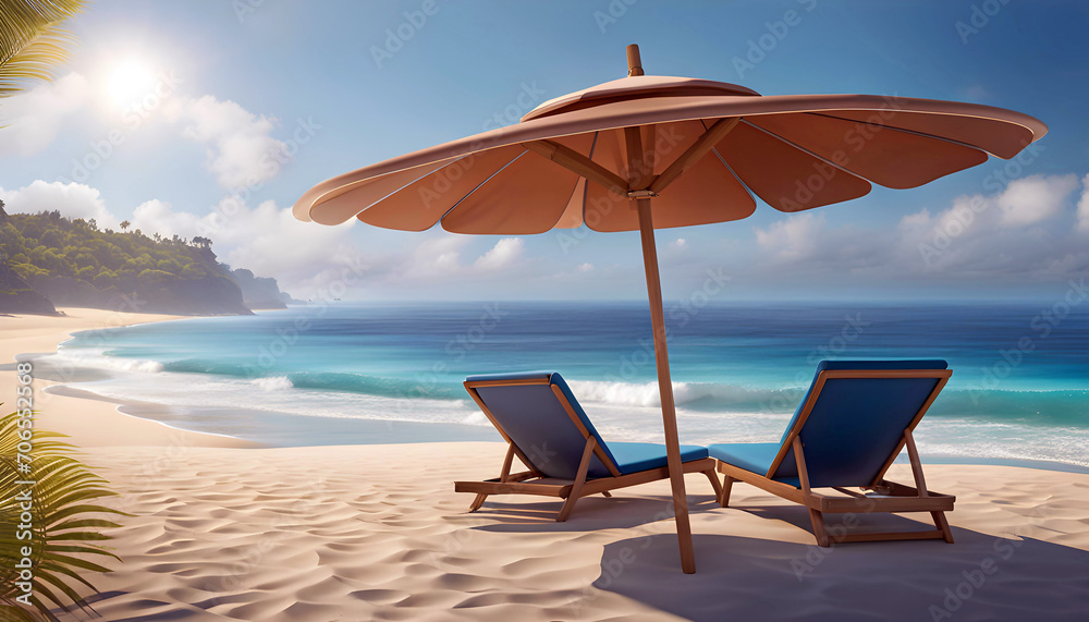 sun loungers under a beach umbrella overlooking the sea with copy space, ocean holiday concept, sun loungers under a beach umbrella overlooking the sea with copy space, ocean holiday concept,