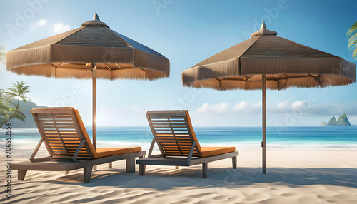 sun loungers under a beach umbrella overlooking the sea with copy space  ocean holiday concept 