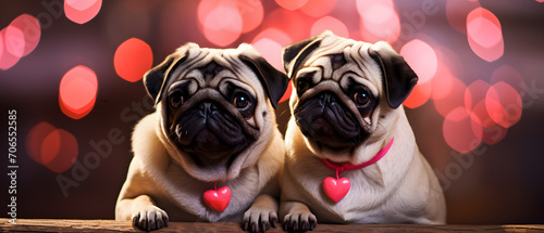 2 beautiful pug dogs in love celebrating Valentine's Day