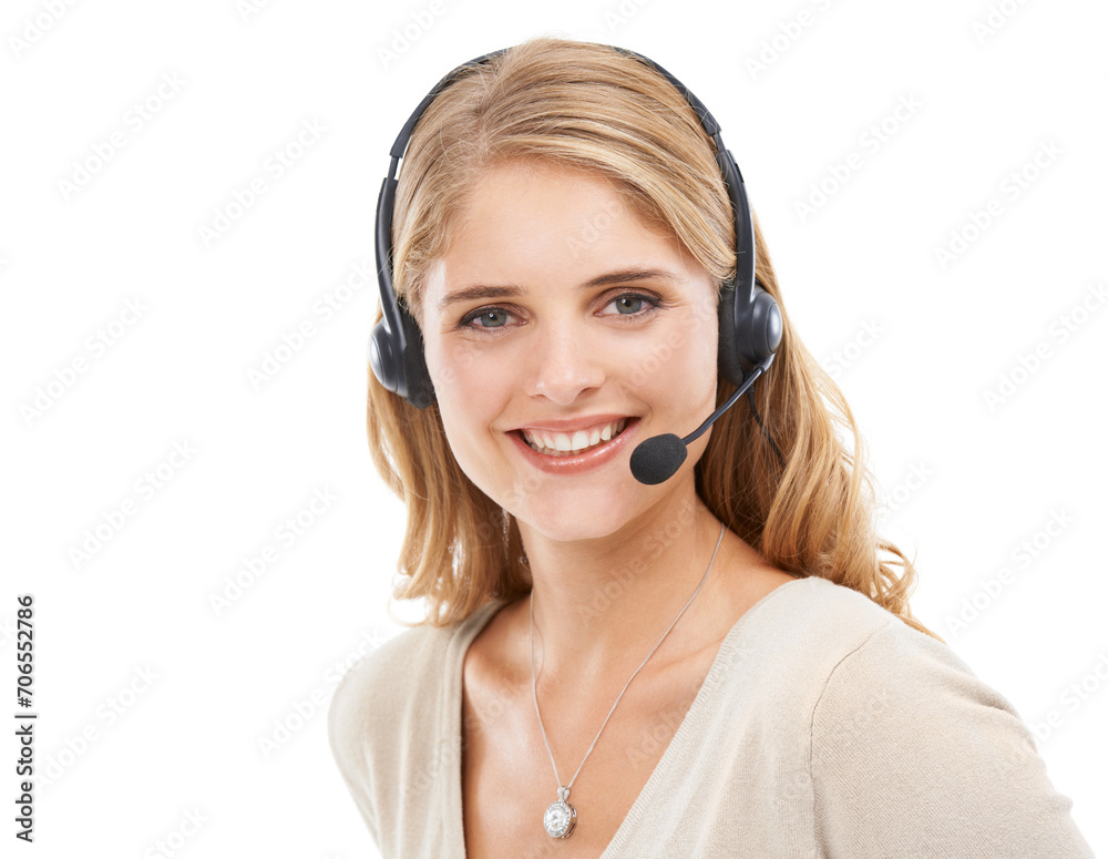 Woman, portrait and smile in studio for customer service, CRM questions and help at IT call center on white background. Happy telemarketing agent, consultant and microphone for FAQ, advice or contact Woman, portrait and smile in studio for customer service, CRM questions and help at IT call center on white background. Happy telemarketing agent, consultant and microphone for FAQ, advice or contact