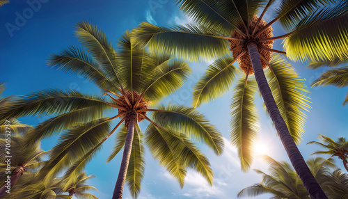 bottom view of palmeras en verano en una playa de mexico, beach holiday on the ocean, beautiful palm trees and sky,