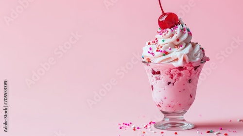  an ice cream sundae with sprinkles and a cherry on top of it on a pink background.