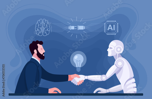 A man and an artificial intelligence robot sit at a table and shake hands. The concept of cooperation, search for ideas, connecting artificial intelligence with the human brain. Vector in blue color. 