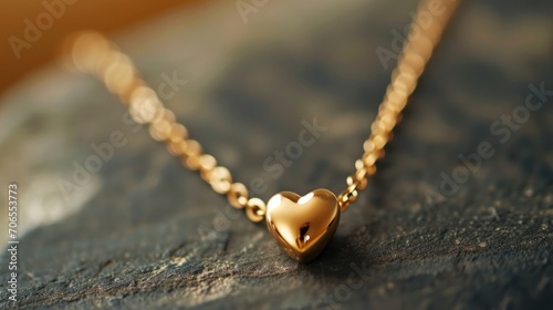  a gold heart necklace sitting on top of a piece of wood with a chain attached to the end of it.
