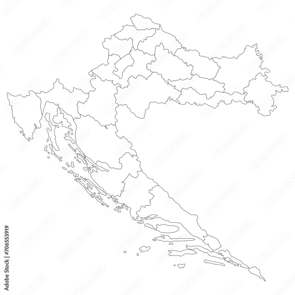 Croatia map. Map of Croatia in administrative provinces in white color
