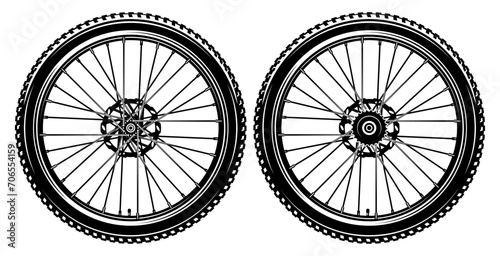 Set of two bicycle wheels. Set of front and rear parts of the bicycle. Vector monochrome illustration
