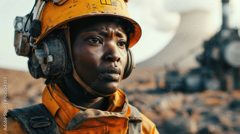 A worried-looking operator with a helmet and yellow reflective vest checks the facilities at a nuclear power plant. Generative Ai