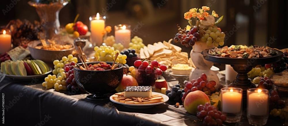 Elegantly adorned banquet table featuring diverse snacks for a festive occasion.