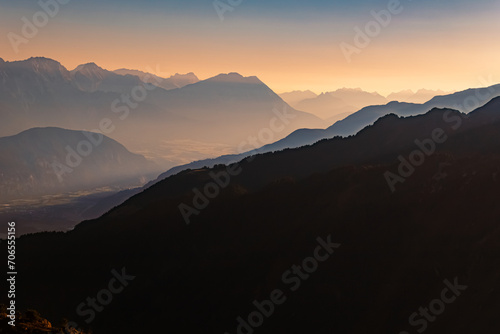 Beautiful alpine sunrise view at Mount Sechszeiger, Jerzens, Imst, Tyrol, Austria