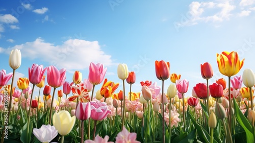 Spring Tulip Delight Under Blue Sky - AI Generated