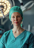 mujer medica vestida con bata verde para realizar operación quirúrgica, sobre fondo desenfocado de quirófano