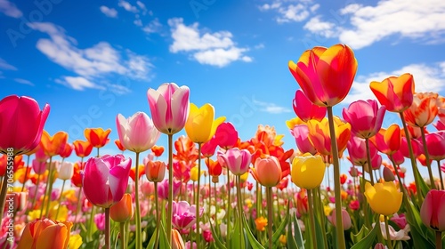 Spring Tulip Delight Under Blue Sky - AI Generated