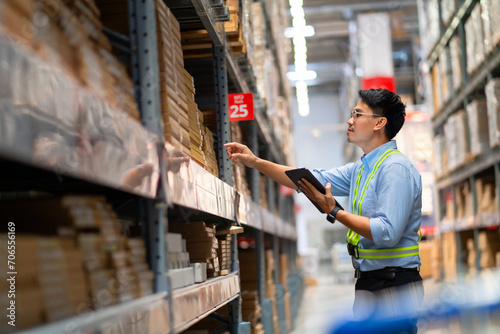 Warehouse worker in security uniform with tablet computer looking at merchandise in large warehouse Logistics and export business Logistics distribution center.
