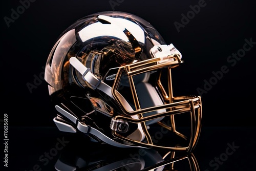 Profile view of metallic & dark football helmet on a see-through backdrop. Generative AI