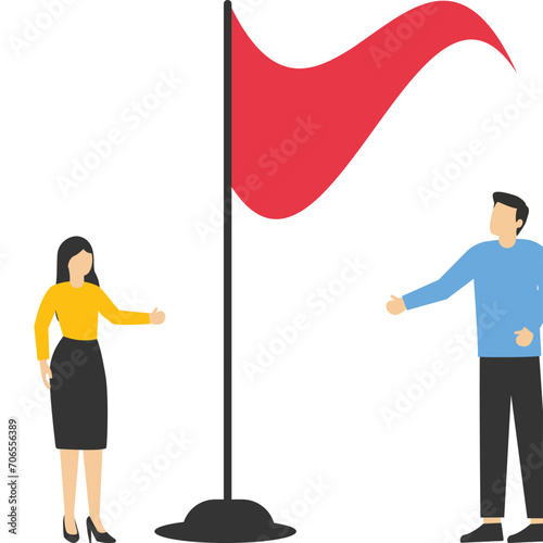 Thoughtful businessman and woman looking for red flag warning, advice, notice or warning, concern or warning for threat concept, Warning red flag to be alert for business or economic disaster.

