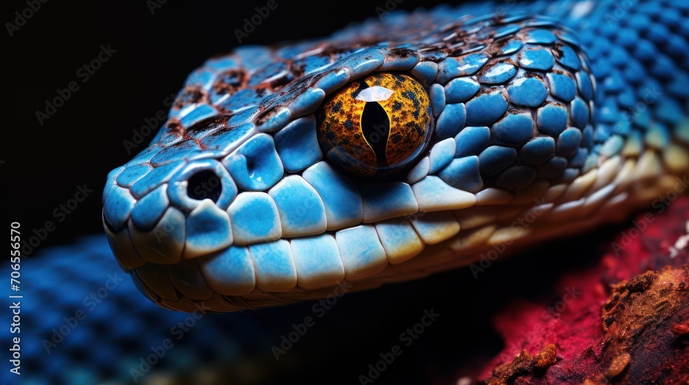 Closeup blue viper snake reptile macro photography