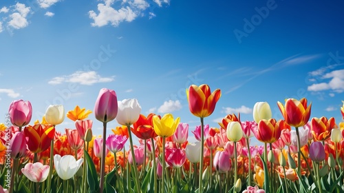 Spring Tulip Delight Under Blue Sky - AI Generated