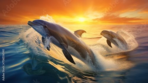 Playful dolphins marine animals jumping over breaking waves