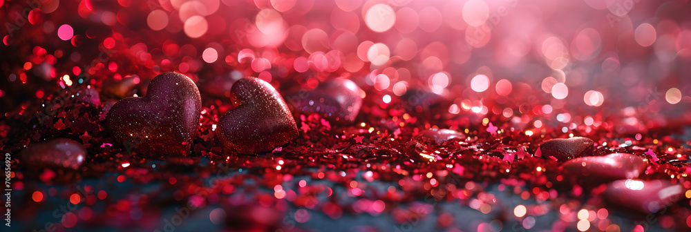 Vibrant magenta and pink hearts with sparkling glitter, perfect for Valentines Day 2023, - obrazy, fototapety, plakaty 