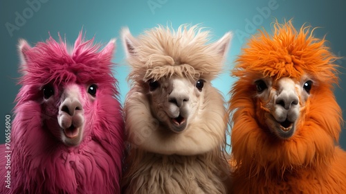 3 lamas avec pleins de poils humoristiques en studio photo © jp