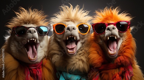 3 Lamas avec pleins de poils humoristiques qui rigolent avec des lunettes de soleil en studio photo