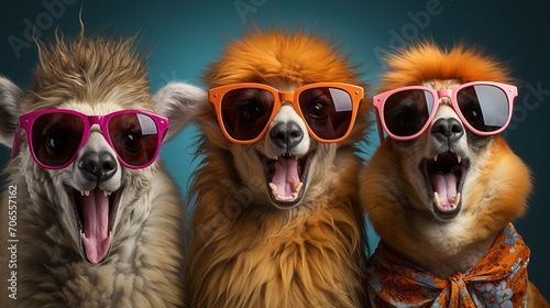 3 lamas avec pleins de poils humoristiques qui rigolent avec des lunettes de soleil en studio photo photo