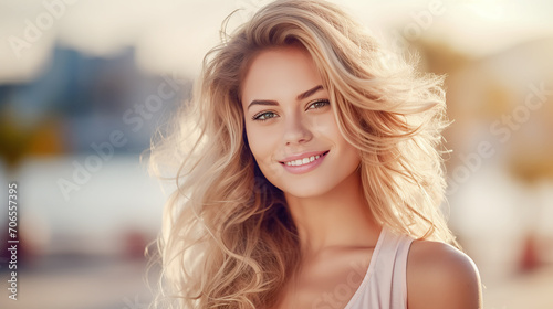 hübsche blonde Frau, die mit perfekt sauberen Zähnen lächelt photo