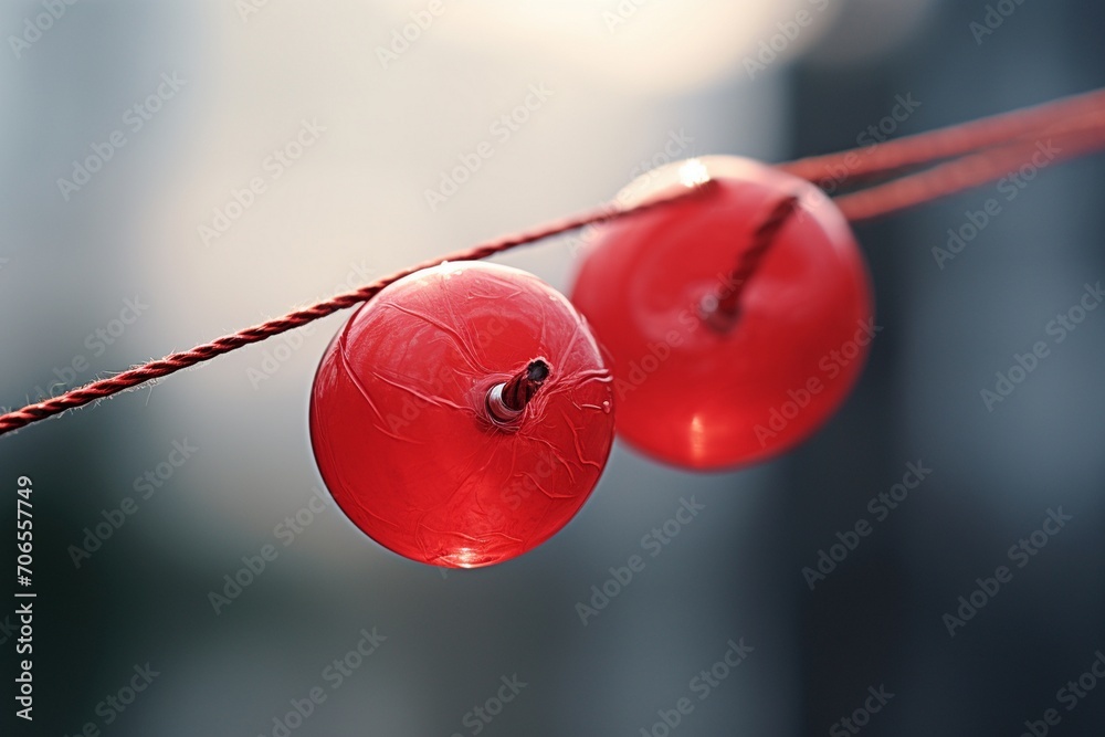 Close-up of red glass balls hanging on a red rope. Close-up of red glass balls hanging on a red rope.
