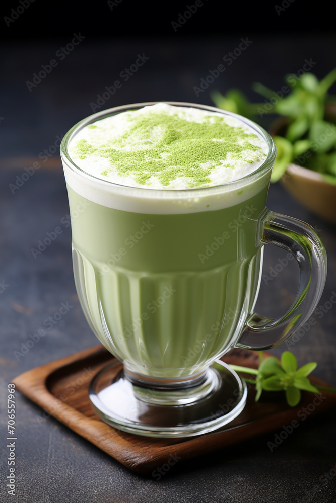 glass of delicious matcha latte on the table. selective focus glass of delicious matcha latte on the table. selective focus