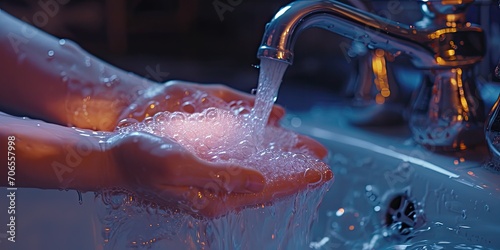 Generative AI, person washing hands with soap and water at sink, hygiene concept