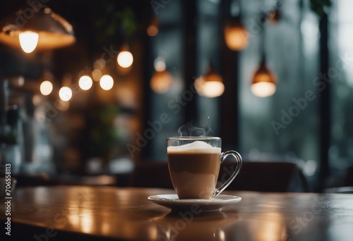 A cozy coffee shop on a rainy day with steaming mugs