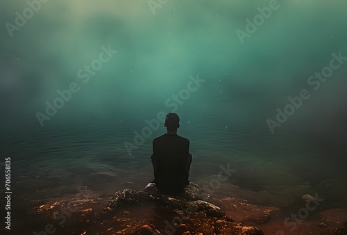 Norwegian Wilderness  Mountaineer Sitting on Top of Hill  Embracing the Dark Emerald and Red Hues of the Landscape in Snapshot Aesthetic