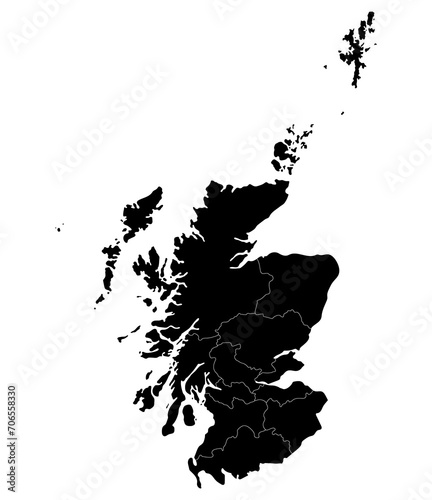 Scotland map. Map of Scotland in administrative regions in black color