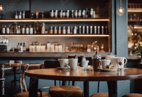 This stunning coffee shop photograph featuring a cozy shelf and table setup perfect for a cafe © ArtisticLens