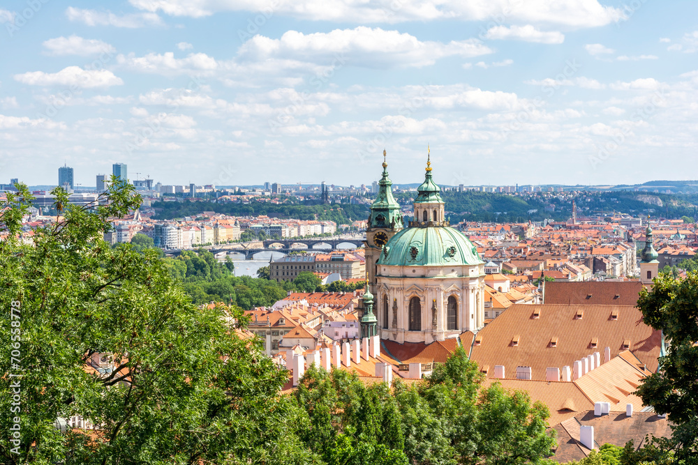 Prague Cityscape With Rooftops and St. Nicholas church, Czech Republic