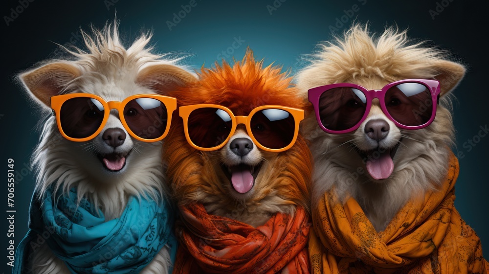 3  chiens avec pleins de poils humoristiques qui rigolent avec des lunettes de soleil en studio photo