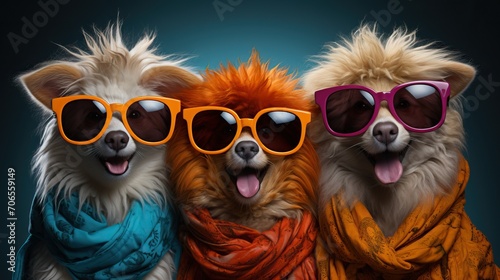3 chiens avec pleins de poils humoristiques qui rigolent avec des lunettes de soleil en studio photo