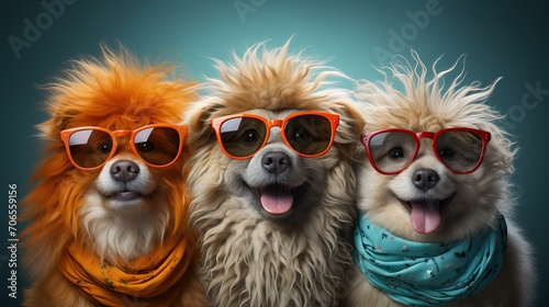 3 animaux avec pleins de poils humoristiques qui rigolent avec des lunettes de soleil en studio photo © jp