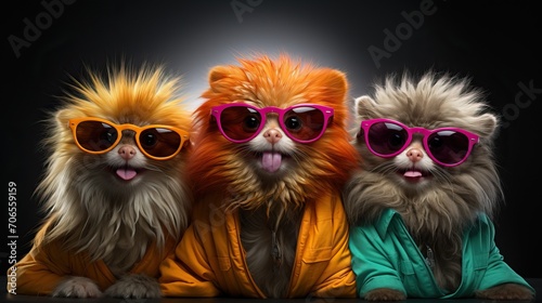 3 chiens avec pleins de poils humoristiques qui rigolent avec des lunettes de soleil en studio photo