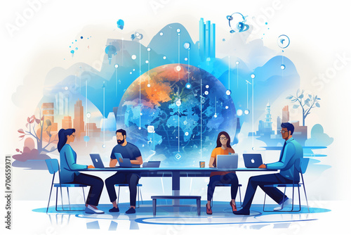 A team of professionals engaged in a virtual meeting, using advanced technology to connect and collaborate from different locations, highlighting the flexibility of modern teamwork photo