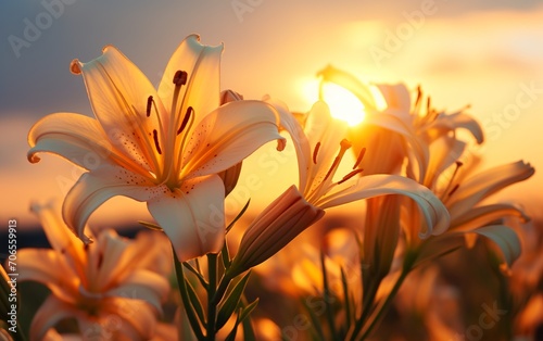 lily flowers in a field at sunset